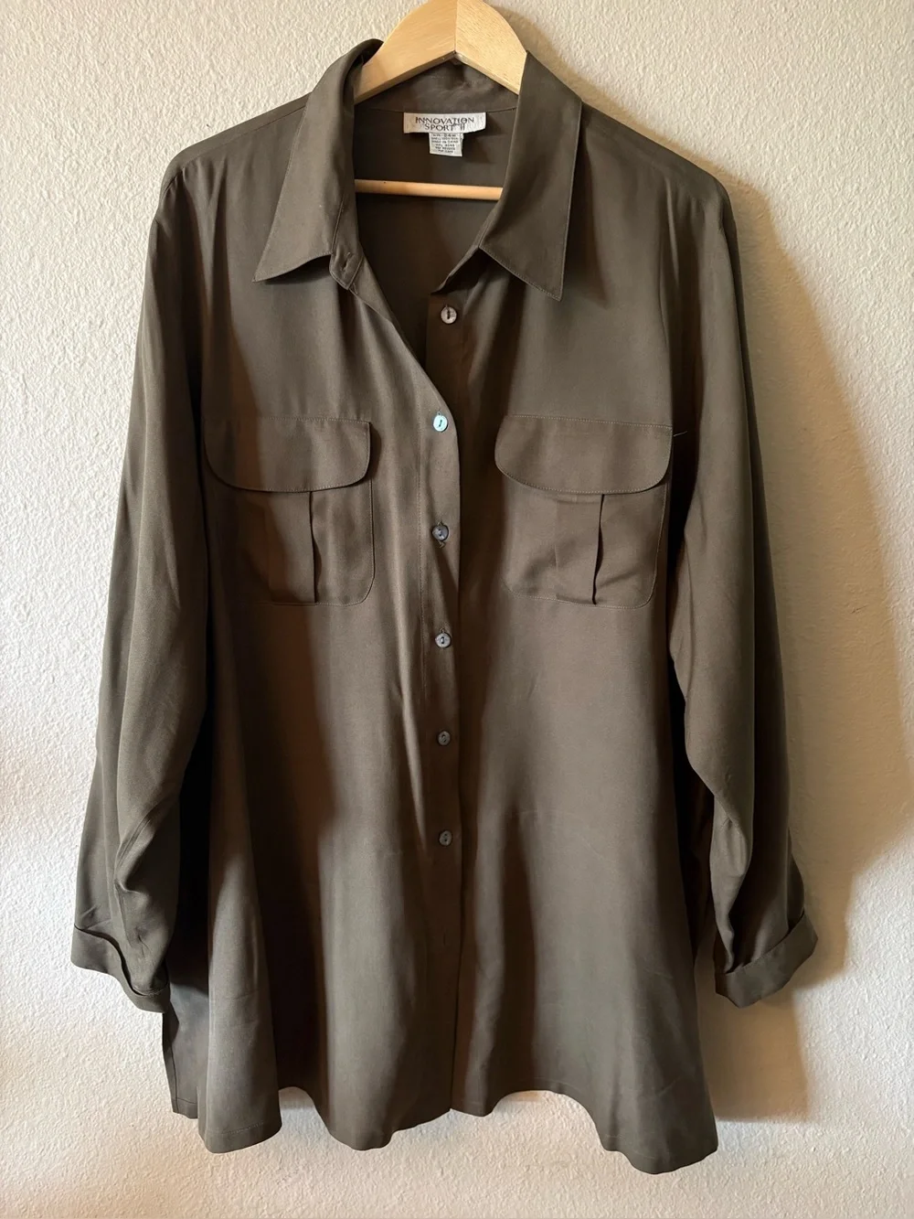 100% Silk Olive Button Up Blouse Plus Size 24W Innovations Sport II - Picture 1 of 9